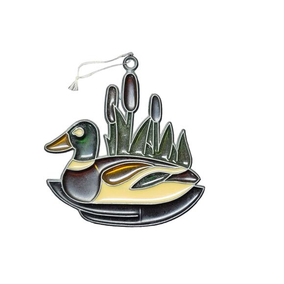 Vintage Stained Glass Suncatcher Mallard Duck Pond Cattail Window Metal Colorful - Picture 1 of 5